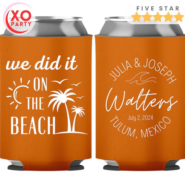 Custom Beach Wedding Can Coolers, Personalized Wedding Favors for Guests in bulk, We Did it at the Beach