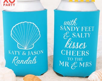 Custom Beach Wedding Can Coolers, Personalized Sandy Feet and Salty Kisses Favors for Coastal Weddings | Destination Wedding or Anniversary