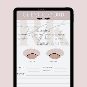 May include: A digital tablet with a client record form for lash extensions. The form includes fields for name, eye type, date, lash style, curl type, style, diameter, length, and notes. The form also includes a lash map with two eye diagrams.