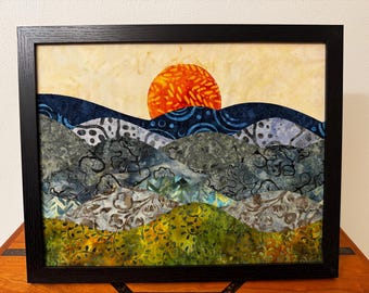 Framed Sun over the mountains Art Quilt: Appalachian Mountain Fiber Art (11x14”)