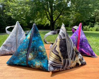 Handmade Cotton Pyramid Pouch: RPG Dice Bag, Tetrahedron Zippered Storage