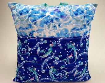 Mermaid Reading Pillow Cover: Cotton Book Pocket Pillow, Kids Gift