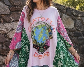 Grateful Dead Kantha-Tunika | Upgecyceltes Boho-Festivalhemd | Handgefertigte tragbare Kunst
