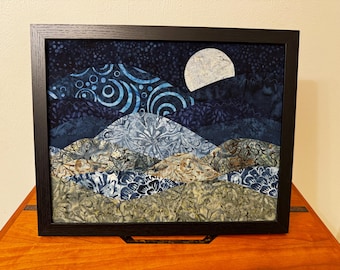 Framed Moon over the mountains Art Quilt: Appalachian Mountain Fiber Art (11x14”)