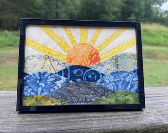 Framed Sunrise over the mountains Art: Appalachian Mountain Fiber Art (5x7)