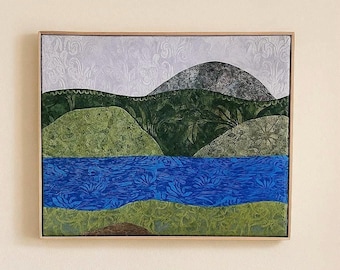 Framed Mountain Landscape Art Quilt: Hand crafted Textile Fiber Art