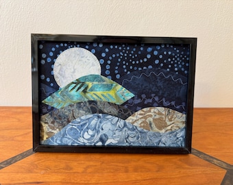Framed Moon over the mountains Art Quilt: Appalachian Mountain Fiber Art (5”x7”)
