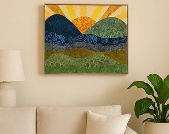 Framed Mountain Landscape Art Quilt: Hand-Pieced Fiber Art
