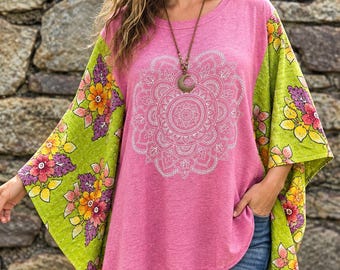Pink & Floral Kantha Tunic | Upcycled Boho Top | Handmade Kantha Sleeve Shirt | Mandala Tunic | One of a Kind Bohemian Clothing