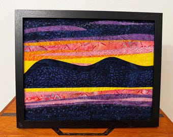 Framed Sunset on the lake Art Quilt: Appalachian Mountain Fiber Art (11x14”)