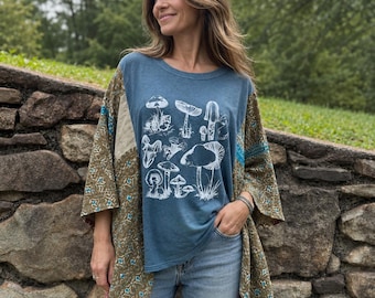 Vintage Kantha Kimono Ärmel Pilz T-Shirt | Upgecyceltes Boho Festival Top | Tragbare Kunst