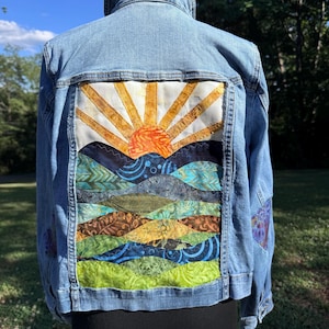 Upcycled Denim Jacket, Sunshine Mountain, Boho Festival Jean Jacket, Medium