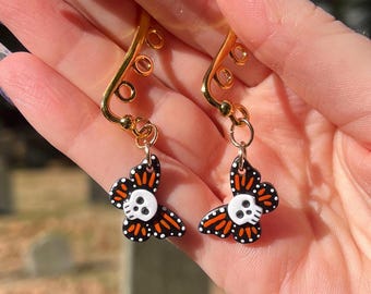 Skull Monarch Butterfly Earrings: Handmade Polymer Clay Hypoallergenic Dangles
