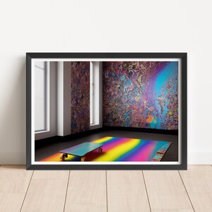 May include: A framed photograph of a room with a colourful rug and a small table. The walls are covered in abstract artwork.
