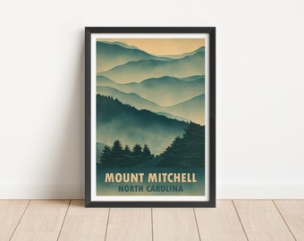 Pode incluir: Um pôster de estilo vintage com um gráfico de uma cordilheira em tons de azul e verde. O texto "MOUNT MITCHELL NORTH CAROLINA" é impresso em uma fonte retrô na parte inferior do pôster.