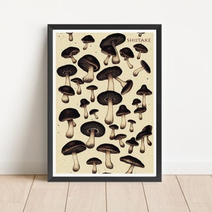 Raining Shiitake Mushroom Pattern Vintage Style Print | Fungi | High Quality Ai Art