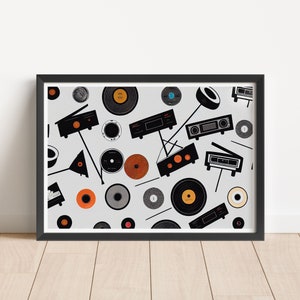 May include: A black framed print with a white background and a pattern of black and orange vinyl records, black and white radios, and black and white record players.