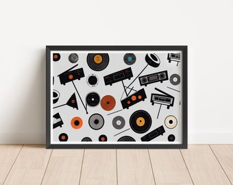 May include: A black framed print with a white background and a pattern of black and orange vinyl records, black and white radios, and black and white record players.