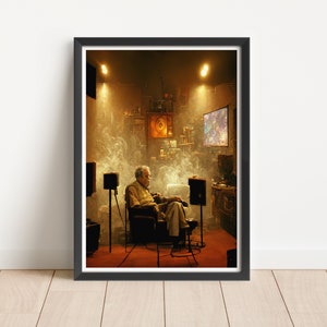 May include: A man sits in a chair in a dimly lit room with smoke and light from a television screen. He is wearing a yellow shirt and has a white beard. There are speakers on either side of him and a clock on the wall behind him.