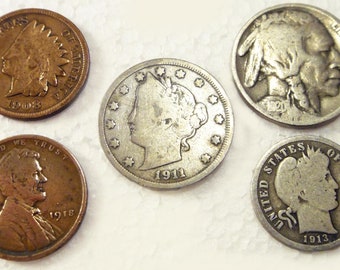 100+ Year Old U.S. Coin Lot - 5 Vintage Coins 100 Years of Age or Older. Includes Silver + Bonus Coin!