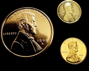 99.9% Copper 1909-S VDB Oversized 1 oz. Replica Penny (1.5" diameter) + Real 1919 Vintage Wheat Cent + Proof/Unc. Cent.  Free Shipping