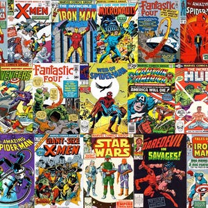 Puede incluir: Un collage de portadas de cómics clásicos de Marvel con personajes icónicos como Spider-Man, Iron Man, Capitán América, Hulk y los X-Men. Cada portada muestra ilustraciones vibrantes, tipografía llamativa y escenas de acción.