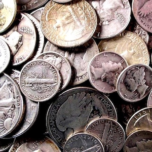 Monedas de plata estadounidenses de 1 onza troy de 0.900, 0.400 y 0.350: monedas de diez centavos Mercury, monedas de veinticinco centavos Barber, monedas de medio dólar Franklin, monedas de cinco centavos de guerra, monedas de plata de ley y más. Lote al por mayor.