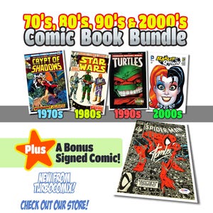 May include: Comic book bundle featuring titles from the 1970s, 1980s, 1990s, and 2000s. Includes comics like "Crypt of Shadows," "Star Wars," "Teenage Mutant Ninja Turtles," and "Harley Quinn." Plus a bonus signed comic. The text says "Check out our store!"