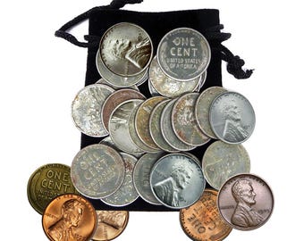 Lot of (20) 1943 Steel Wheat Pennies + 5 Free Bonus Wheat Cents.  All in Black Velvet Gift Bag.  Free S/H