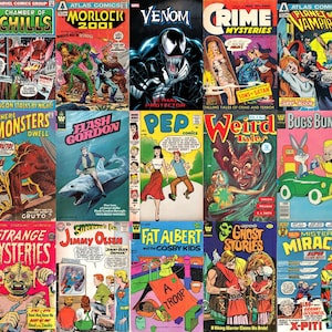 Può includere: Una collezione di fumetti vintage con copertine colorate. I titoli includono "Chamber of Chills", "Venom", "Crime Mysteries", "Where Monsters Dwell", "Flash Gordon" e "Bugs Bunny". I fumetti presentano varie illustrazioni e testo.