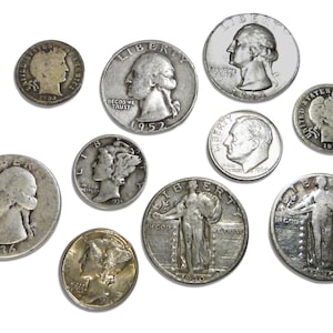 Lote de 10 monedas antiguas: 5 monedas de 25 centavos y 10 centavos de dólar estadounidenses de plata al 90 % en bolsa de botín. ¡Envío y manipulación gratuitos en EE. UU.!