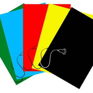 May include: Five sheets of paper in different colors: green, blue, red, yellow, and black. The sheets are arranged in a fan shape, with the black sheet on top. A white outline of a medical device is drawn on the black sheet.