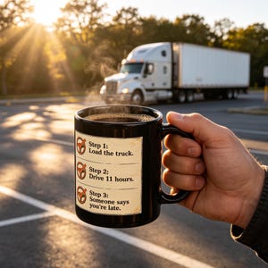 Op de afbeelding: Een zwarte keramische mok met een bedrukte checklist in drie stappen: Step 1: Load the truck, Step 2: Drive 11 hours en Step 3: Someone says you're late. Elke stap is gemarkeerd met een rond icoon met een afbeelding van een stuurwiel.