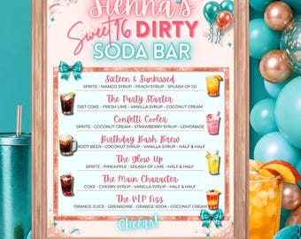 Sweet 16 Dirty Soda Bar Menü | Bearbeitbare Teen Geburtstagsgetränkevorlage (Digitaler Download)
