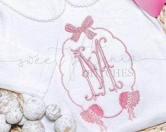 Baby Girl New Ruffle Scallop Baby Preppy Grandmillenial Newborn Bonnet Southern Baby Border Crest Monogram Frame Machine Embroidery Design