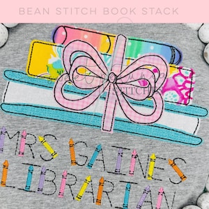 Book Stack Librarian Library Back to School Kindergarten Books Reading Bean Stitch Applique Quick Stitch Vintage Machine Embroidery Design