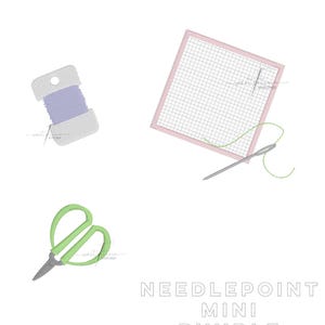 May include: A needlepoint mini bundle with a pink canvas, green thread, a needle, a spool of thread, and green scissors. The text "NEEDLEPOINT MINI BUNDLE" is printed below the items.