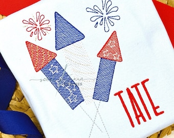Feuerwerk Feuerwerk Rot, Weiß und Blau Amerikanisch USA Firecracker Design Sketchy Maschinenstickerei
