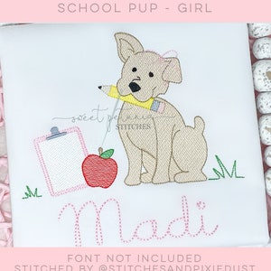 Girls School Pencil Apple Embroidery Dog Pup Girl Back to School Kindergarten Design Sketchy Sketch Fill Machine Embroidery Design