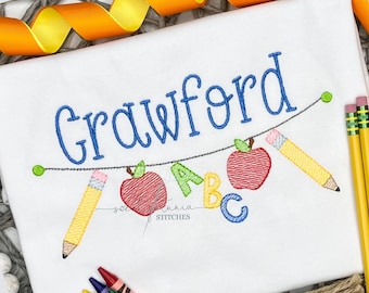 Back To School Apple Pencil ABC Girls Bow School Kindergarten First Day Banner Bunting  Sketch Fill Machine Embroidery Design