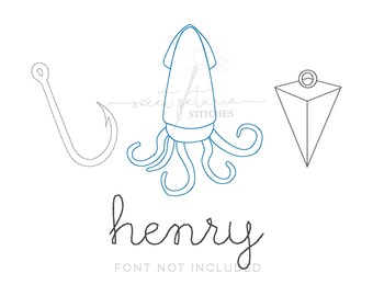 Vissen diepzeevissen jongens zomer ontwerp inktvis vis haak zinklood gewicht Vintage Stitch Trio Bean Quick Stitch Machine borduurwerk ontwerp
