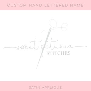 May include: A white logo with the text "sweet petunia STITCHES" in a cursive font. A stylized needle and thread design is above the text.