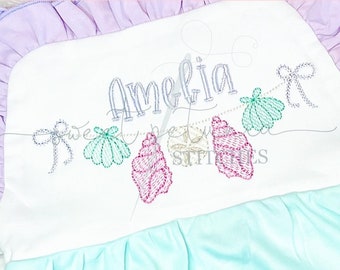 Girly Mermaid Banner Monogram Frame Seashell Conch Clam Seashells Beachcombing Beachy Fill Sketch  Machine Embroidery Design