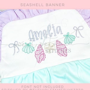 Girly Mermaid Banner Monogram Frame Seashell Conch Clam Seashells Beachcombing Beachy Fill Sketch  Machine Embroidery Design