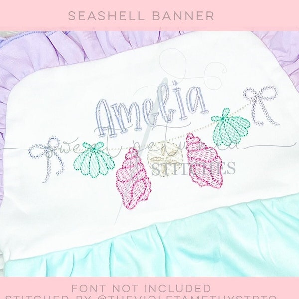 Girly Mermaid Banner Monogram Frame Seashell Conch Clam Seashells Beachcombing Beachy Fill Sketch  Machine Embroidery Design