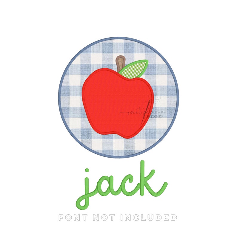 Puede incluir: Una manzana roja con una hoja verde sobre un fondo a cuadros azul y blanco. La palabra "jack" est&aacute; escrita en verde debajo de la manzana.