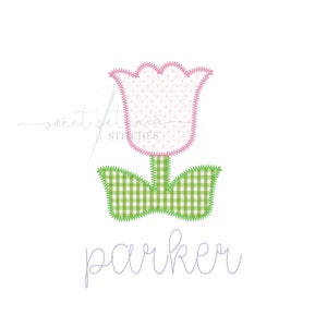 May include: A pink and white tulip with green leaves and the name "parker" embroidered in purple below.