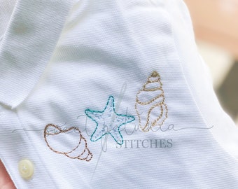 Seashell Starfish Sea Shell Vintage Bean Stitch Mini Trio Machine Embroidery Design