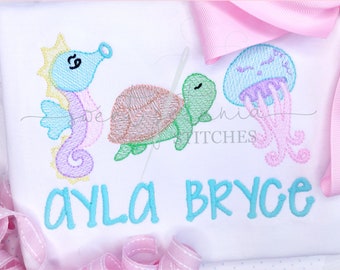 Sea Creatures Ocean Animals Jellyfish Starfish Seahorse Sketch Fill Trio Bean Quick Stitch Machine Embroidery Design