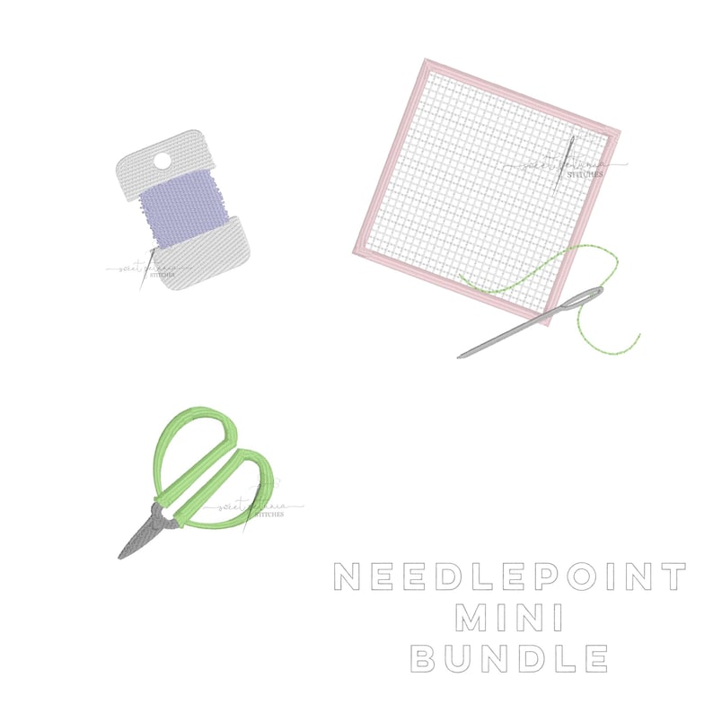 May include: A needlepoint mini bundle with a pink canvas, green thread, a needle, a spool of thread, and green scissors. The text "NEEDLEPOINT MINI BUNDLE" is printed below the items.